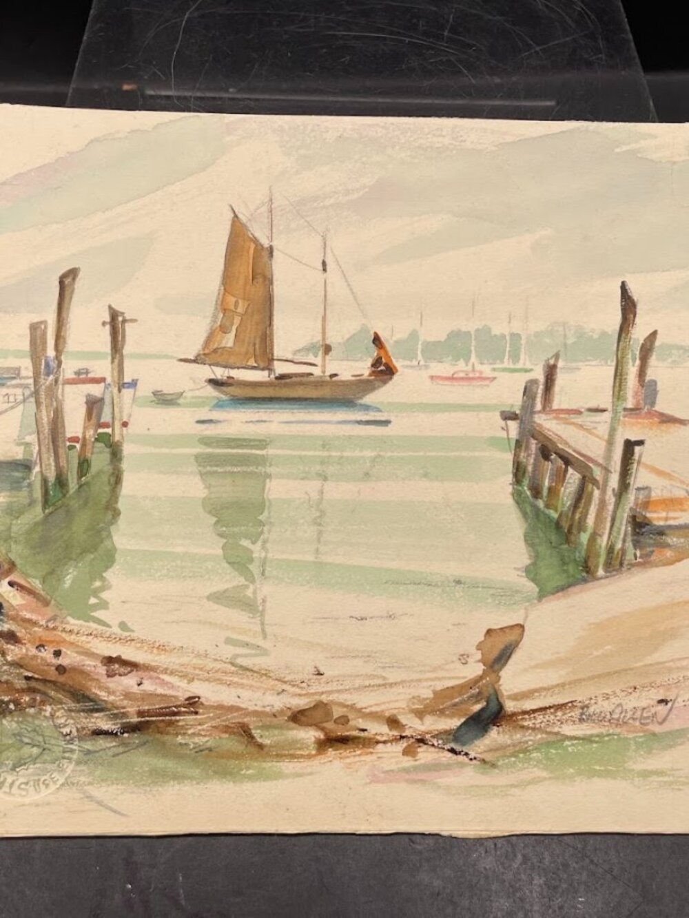 Small Unframed Watercolor Painting Boats Dock Beach Seaside Signed Bill Allen